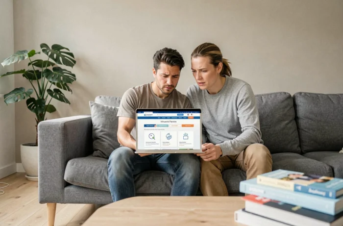 Couple dans la trentaine comparant des offres de mutuelle santé responsable sur un ordinateur portable dans leur salon moderne