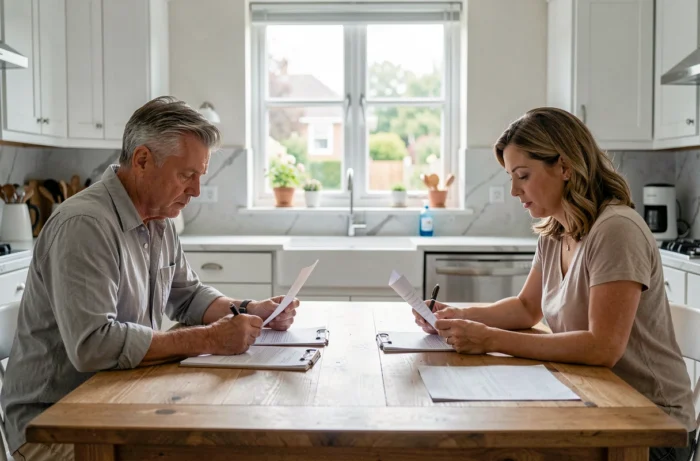 Couple en instance de divorce assis à la table de cuisine et examinant des documents pour la vente de leur maison commune