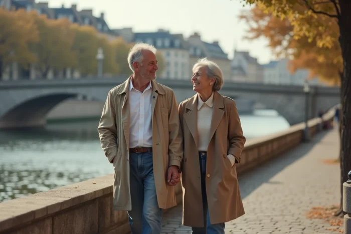 Couple élégant se promenant sur les quais d'une ville française, atmosphère complice et intime