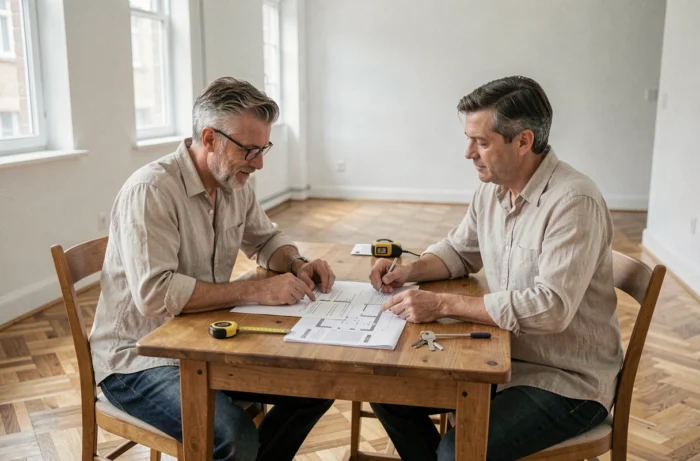 Couple étudiant un contrat immobilier et des plans d'appartement autour d'une table en bois