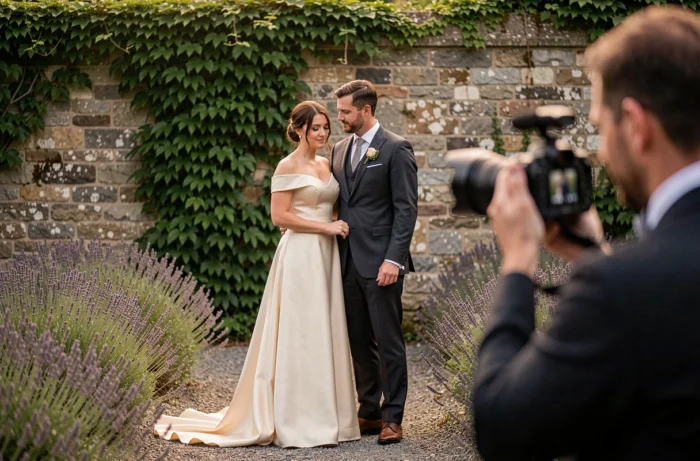 Couple de mariés filmé en candid par un vidéaste dans un jardin provençal
