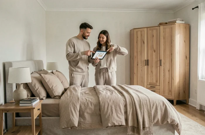 Couple planifiant l'optimisation de l'aménagement de leur chambre avec une application de design d'intérieur sur tablette