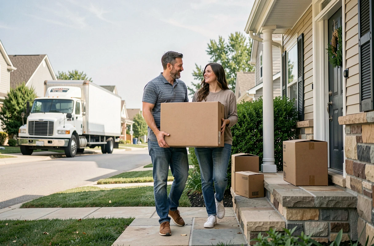 Couple portant un carton de déménagement devant leur maison avec un camion de déménagement