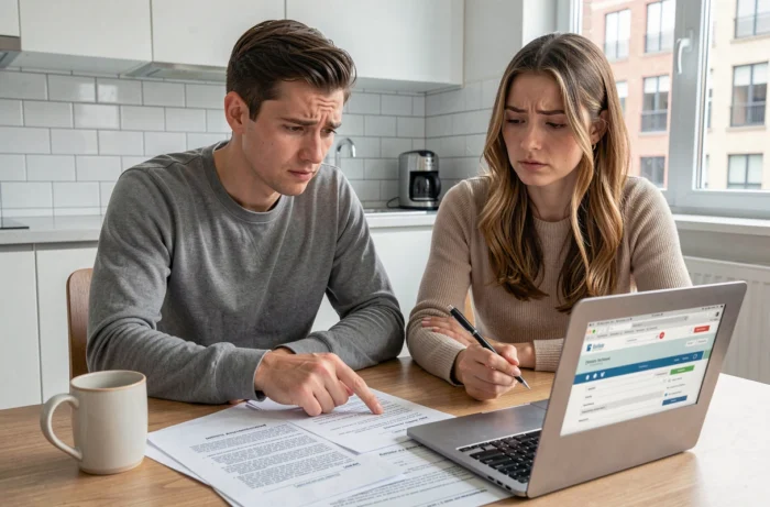 Un jeune couple examine les documents nécessaires pour trouver un garant avant de signer un bail d'appartement