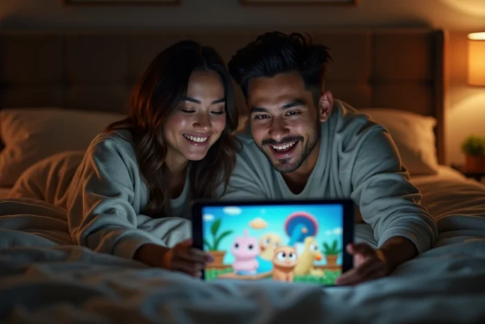 Couple regardant une série animée sur tablette dans leur chambre en streaming le soir