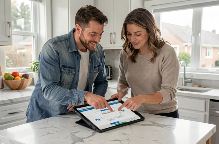 Couple consultant ensemble le plan du site d'une mutuelle santé sur une tablette dans leur cuisine