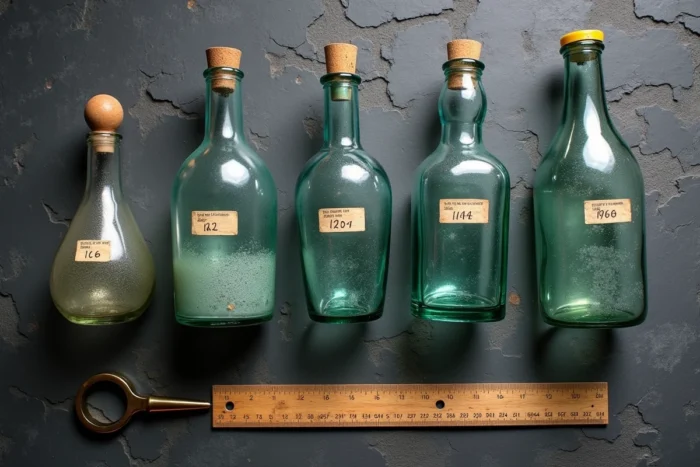 Vue de dessus d'une collection de cinq bouteilles en verre historiques classées par époque sur ardoise, avec loupe et guide de référence pour illustrer les techniques de datation du verre ancien