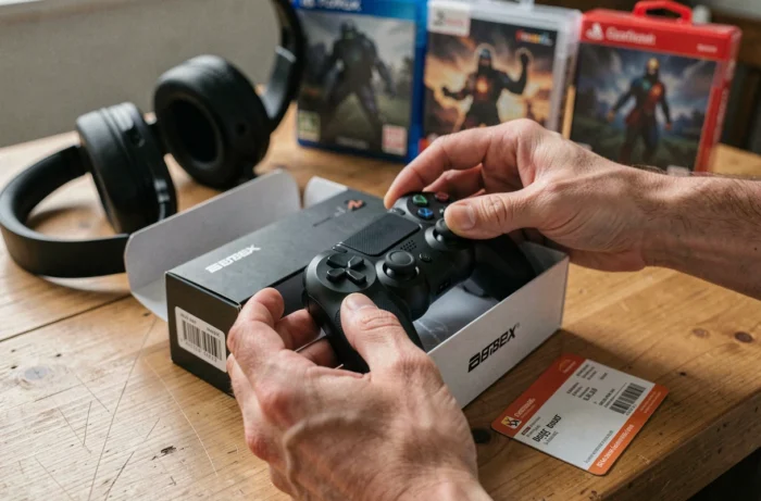 Mains d'un gamer déballant une nouvelle manette gaming achetée en Belgique avec accessoires et reçu de magasin sur table en bois