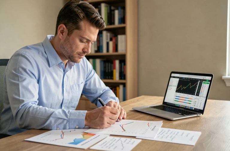 Homme étudiant des graphiques boursiers sur son bureau avec un ordinateur portable affichant un tableau de bord financier