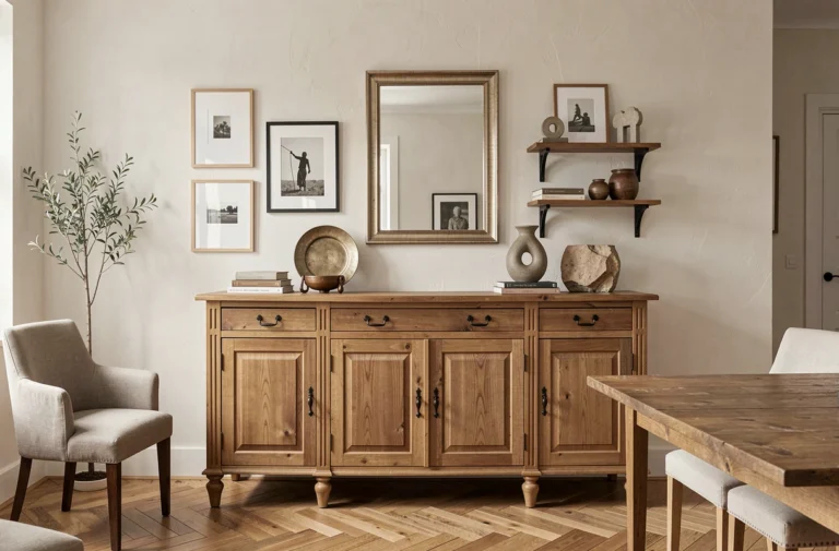 Vue d'ensemble d'un salon-salle à manger avec un buffet en bois et un mur décoré de façon créative