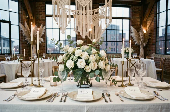 Table de réception de mariage élégamment décorée avec fleurs, bougies et verrerie en cristal