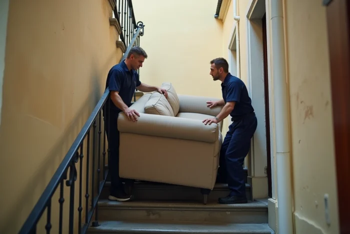 Deux déménageurs manœuvrant un canapé dans l'escalier étroit d'un immeuble haussmannien