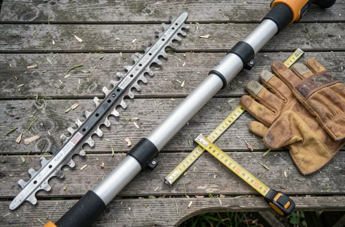 Détail d'un taille-haie télescopique avec lame à double action et manche extensible posé sur un établi de jardin en bois