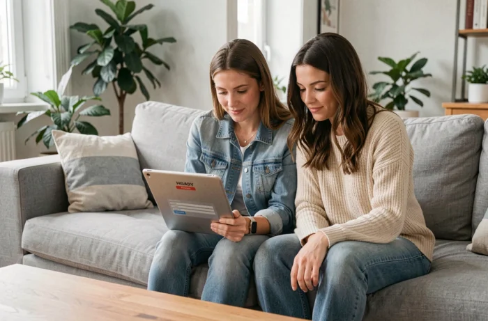Deux femmes regardant ensemble un profil Facebook bloqué sur une tablette dans un salon