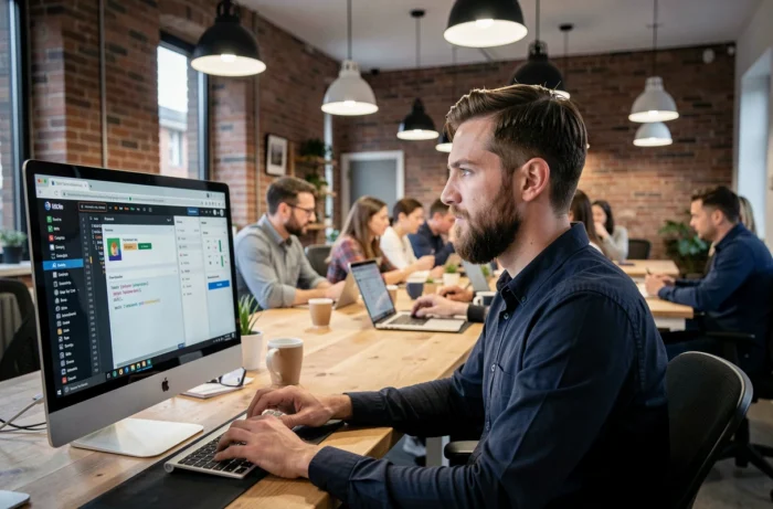 Développeur web travaillant sur des outils SEO et de gestion de projet dans un espace de coworking collaboratif