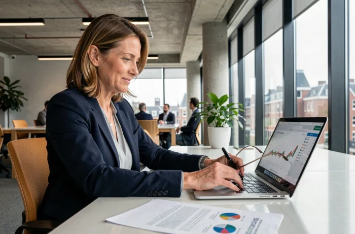 Femme dirigeante de PME belge analysant des graphiques de croissance financière dans un bureau moderne à Bruxelles
