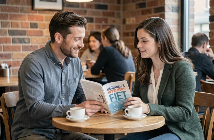 Deux professionnels discutant d'un guide d'investissement boursier pour débutants autour d'un café en ville