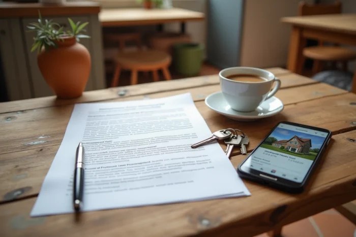 Documents de vente immobilière, clés de maison et smartphone sur table en bois dans cuisine bretonne, procédure de vente urgente lors d'un divorce dans le Finistère