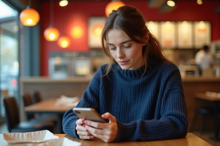 Femme donnant son avis sur Burger King depuis son smartphone dans un fast-food