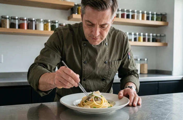 Chef à domicile dressant une assiette de pâtes avec des herbes dans une cuisine moderne minimaliste