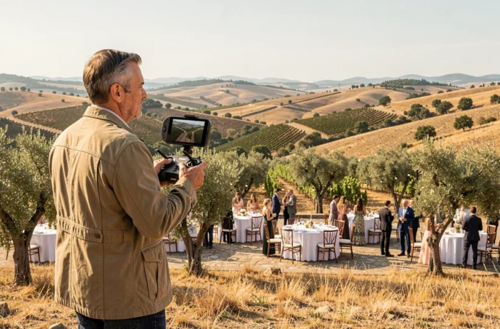 Opérateur drone filmant une réception de mariage en vignoble depuis un point de vue en hauteur