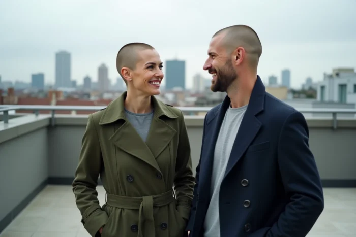 Deux amis aux crânes rasés sur un toit urbain, discutant en souriant avec la skyline en arrière-plan