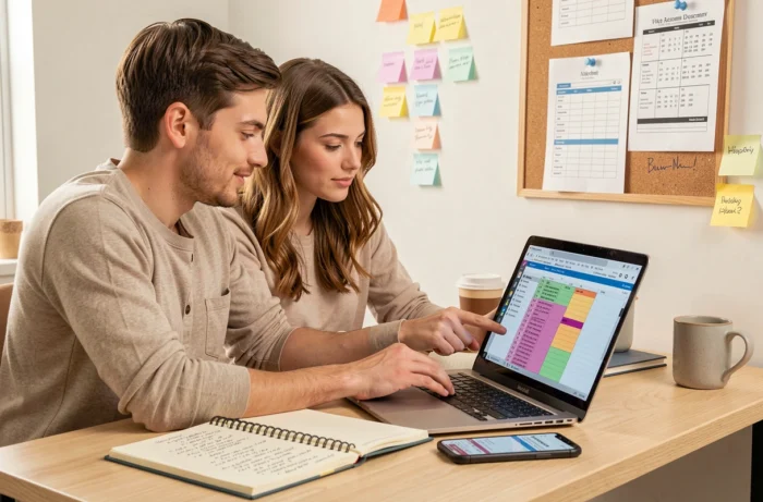 Couple gérant l'organisation du mariage sur un tableur centralisé avec une adresse email dédiée
