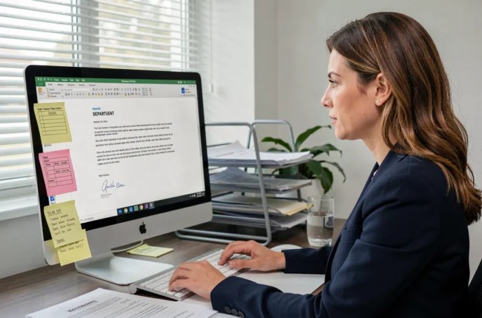 Femme rédigeant un email de départ structuré avec relais et consignes sur un ordinateur de bureau