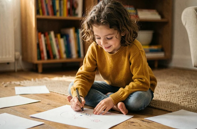 Jeune fille concentrée dessinant avec un stylo sur une feuille blanche, assise sur le sol d'un salon chaleureux, stimulant sa créativité