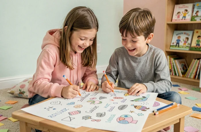 Deux enfants souriants collaborant ensemble sur une grande feuille blanche avec des stylos et des crayons, assis dans une chambre colorée