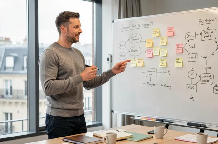 Entrepreneur masculin présentant son plan de développement d'entreprise sur un tableau blanc dans un bureau de startup à Lyon