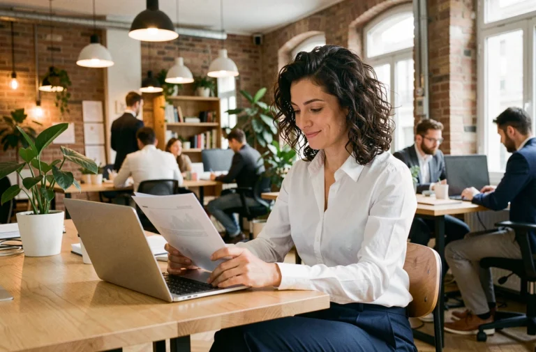 Entrepreneuse française travaillant dans un espace de coworking parisien, consultant des documents commerciaux sur son bureau en bois