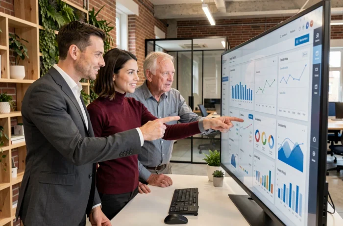 Équipe pluridisciplinaire d'une PME belge collaborant sur des tableaux de bord de gestion dans un espace de coworking moderne