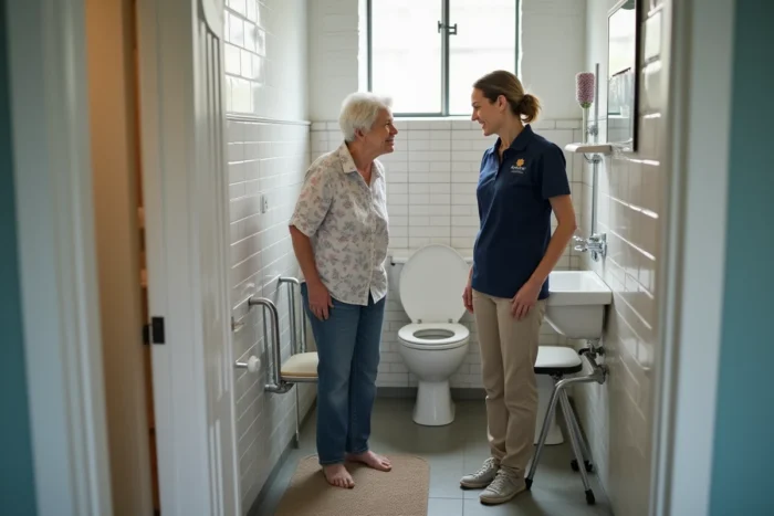 Ergothérapeute conseillant une personne âgée sur les aménagements d'une salle de bain adaptée aux seniors