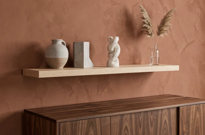 Étagère fine en chêne blanchi avec objets sculptés en céramique et béton au-dessus d'un buffet en noyer