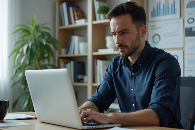 Homme analysant la fiabilité d'une plateforme en ligne sur un ordinateur portable dans un bureau moderne