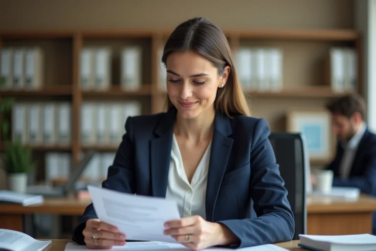 Femme professionnelle examinant un document de titre professionnel dans un bureau administratif en France