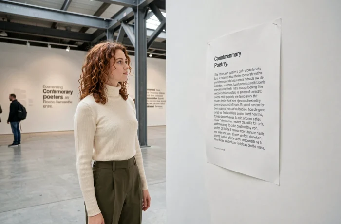 Jeune femme découvrant une installation poétique lors d'un événement culturel d'art contemporain