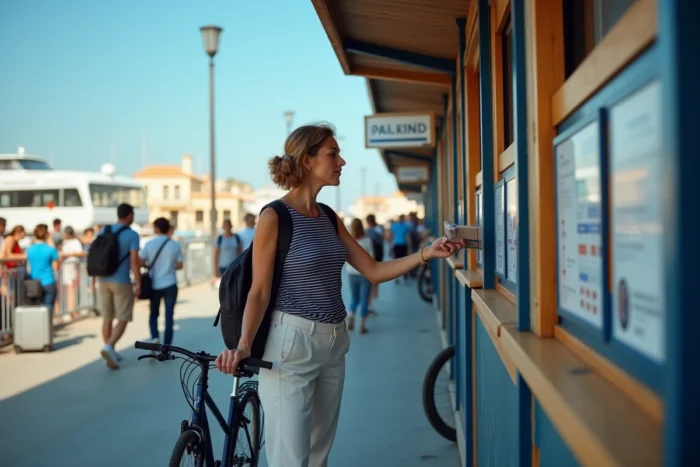 Femme achetant un billet de ferry pour Porquerolles avec son vélo au guichet du port