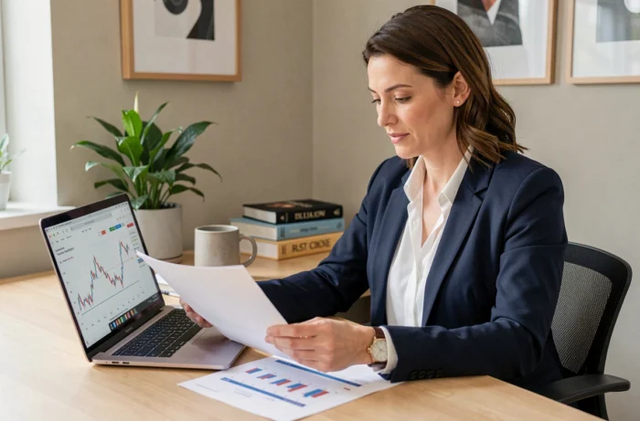 Femme professionnelle analysant des graphiques d'investissement sur son bureau à domicile