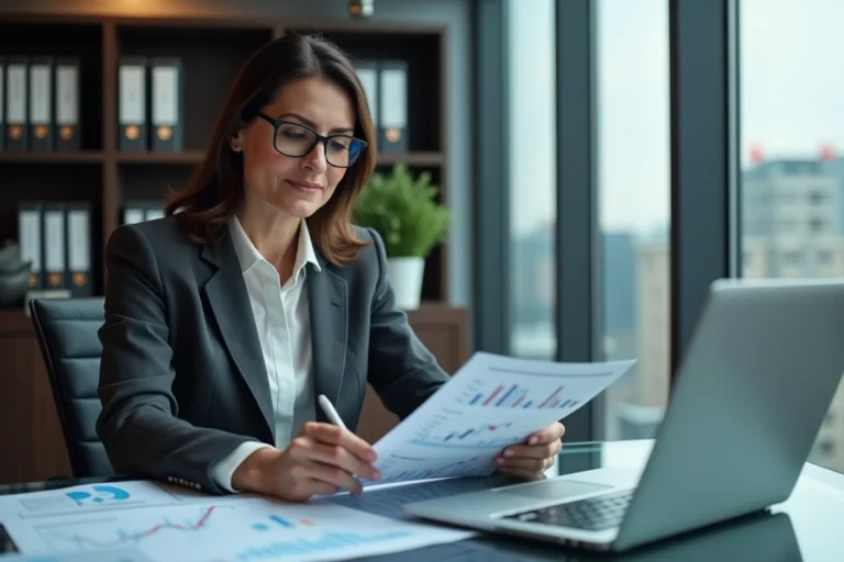 Femme professionnelle analysant des graphiques financiers et un plan d'investissement dans un bureau moderne