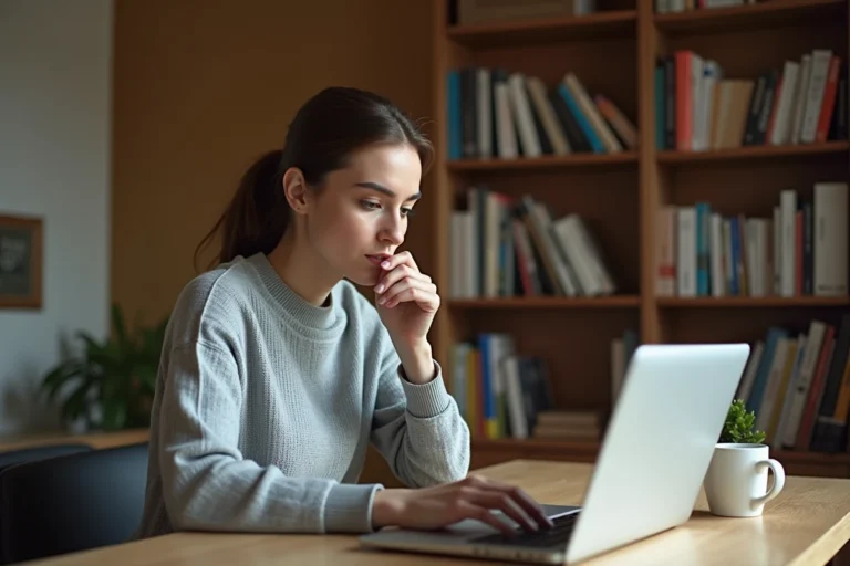 Femme consultant des avis en ligne sur son ordinateur portable dans un bureau à domicile
