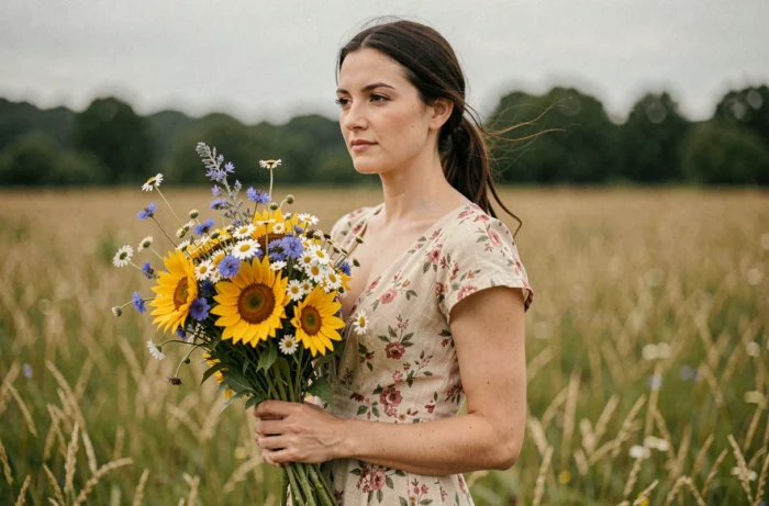 Femme tenant un bouquet de fleurs sauvages dans une prairie ensoleillée en été