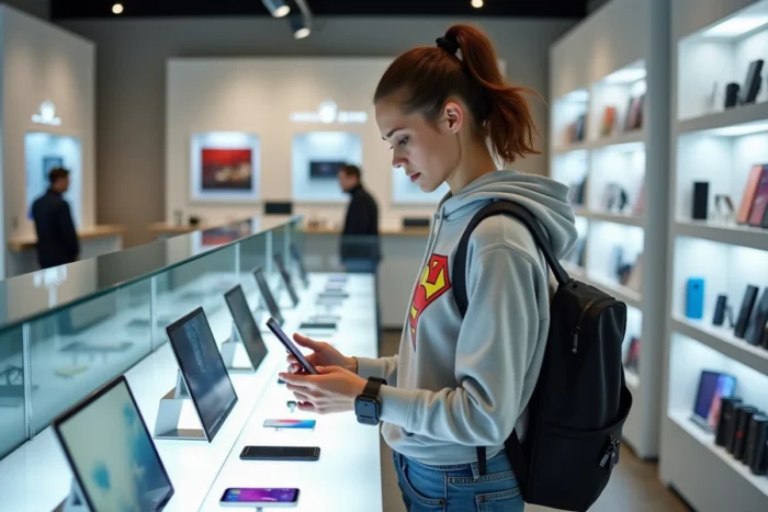 Femme explorant les derniers gadgets high-tech dans un magasin d'électronique moderne avec une ambiance geek