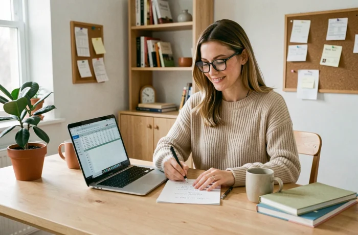 Femme souriante qui gère son budget et ses revenus complémentaires sur un ordinateur portable dans un bureau à domicile