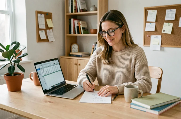 Femme souriante qui gère son budget et ses revenus complémentaires sur un ordinateur portable dans un bureau à domicile