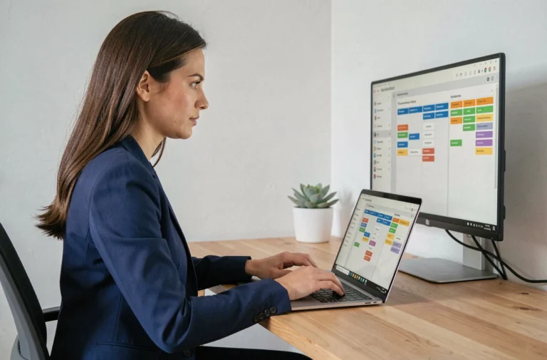 Femme professionnelle en blazer marine travaillant sur deux écrans dans un bureau moderne avec des outils de productivité numérique
