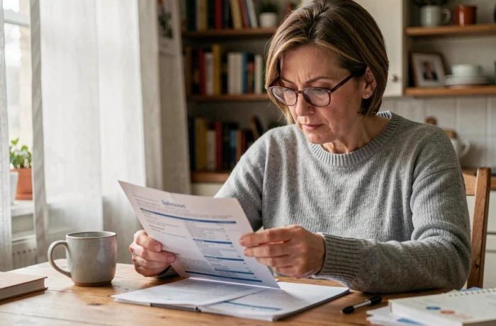 Femme de 40 ans comparant des documents de complémentaire santé à sa table de cuisine, expression concentrée et détendue