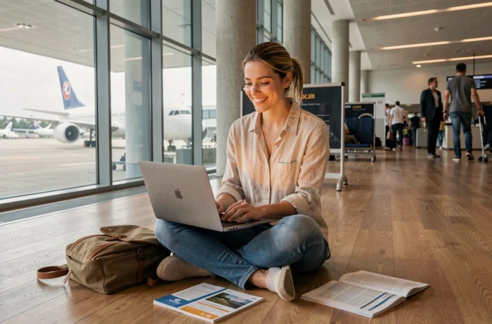Jeune femme comparant des prix de vols sur un ordinateur portable dans un aéroport international pour voyager moins cher