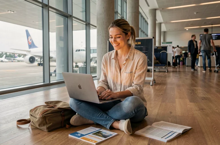Jeune femme comparant des prix de vols sur un ordinateur portable dans un aéroport international pour voyager moins cher